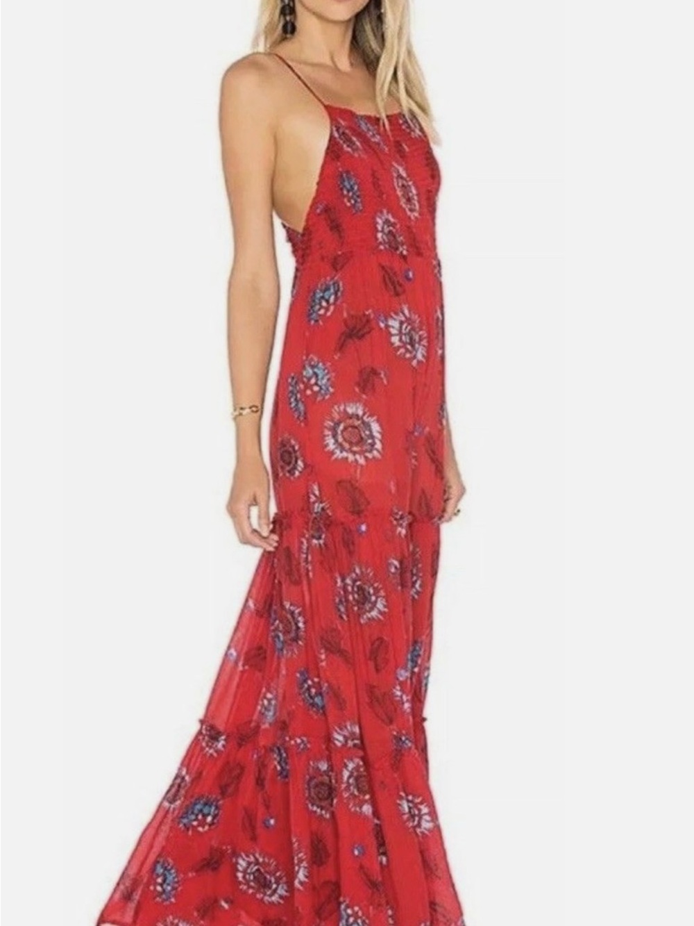 Free People Red Floral Spaghetti-Strap Maxi Dress